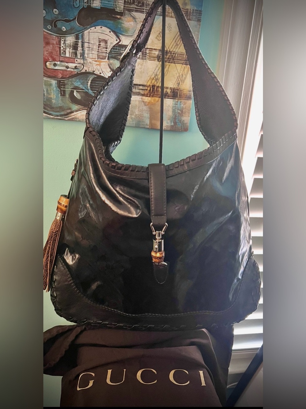 Gucci Vintage rare “Jackie Bamboo”Espresso/Black/CrystalCanvas/Leather hobo